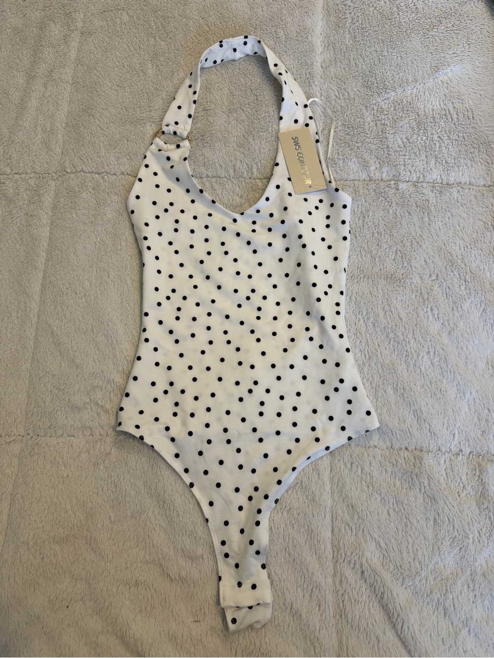 White Polka Dot Halter One-Piece Swimsuit